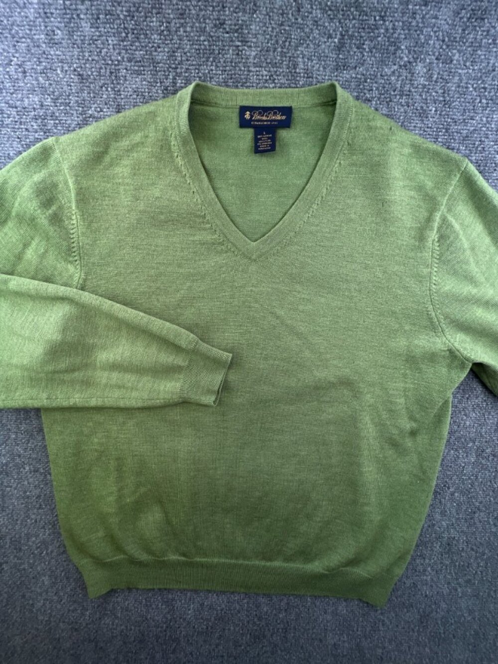 Brooks Brothers Sweater Mens Large Green Merino Wool Blend Stretch V Neck Preppy